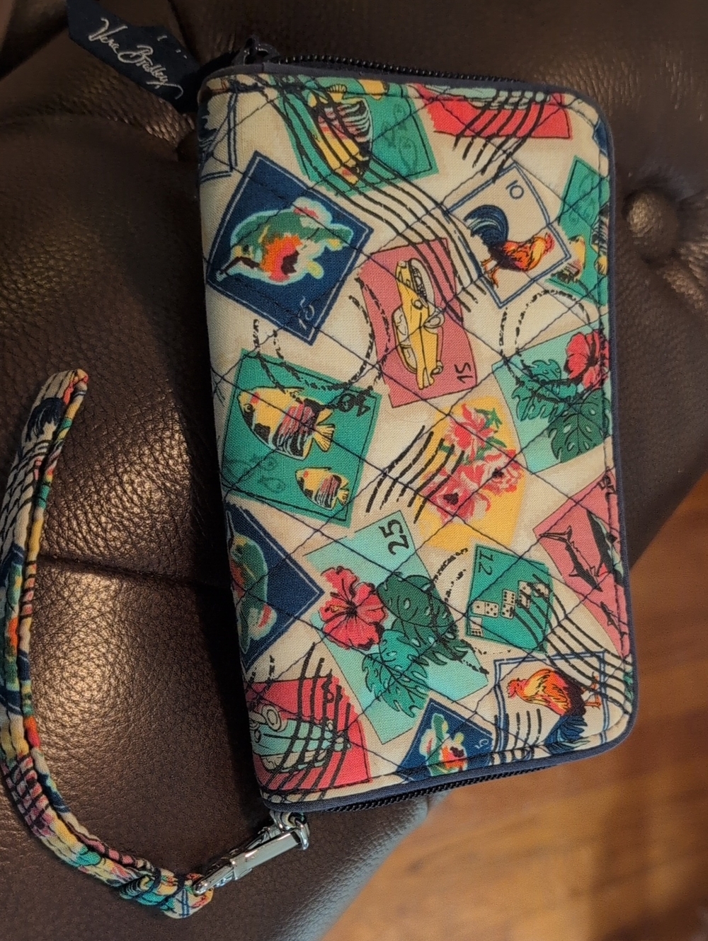 Vera Bradley Multicolor Floral Stamp Print Wristlet - Teal, Pink, Yellow, Navy